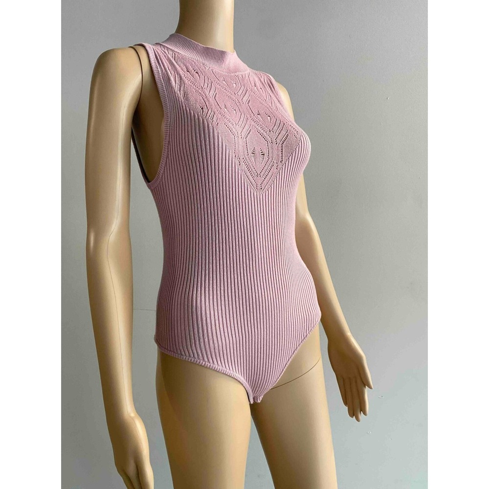 Free People Pink Ribbed On Point Yoke High Mock Neck Bodysuit Sleeveless S - Picture 3 of 9